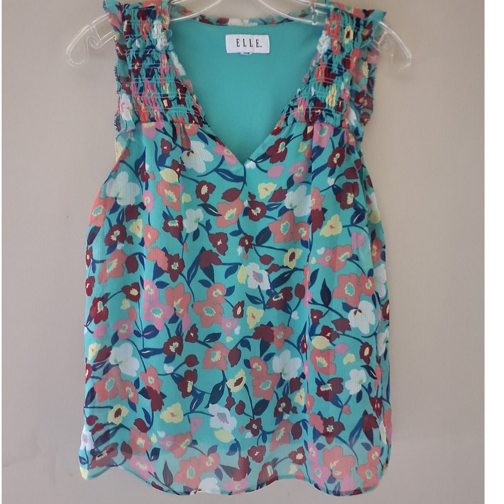 ELLE‎ Womens Sm Floral Tank Top Sea Green Sleeveless V Neck Coastal Grandma